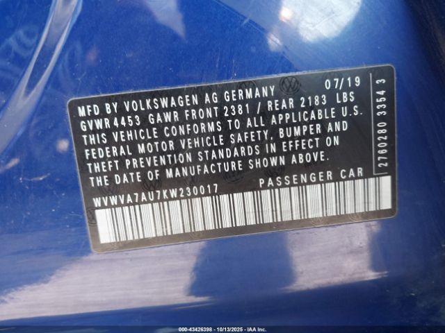 2019 VOLKSWAGEN GOLF R WVWVA7AU7KW230017 Photo 8