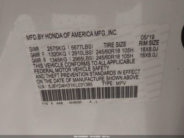 2019 ACURA MDX 5J8YD4H31KL031385 Photo 8