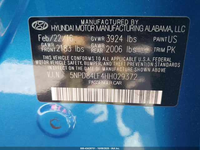 5NPD84LF4HH029372 Hyundai 2017