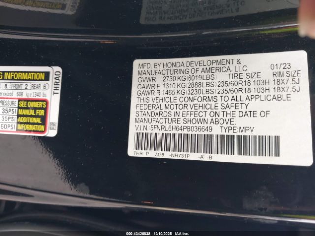 2023 HONDA ODYSSEY 5FNRL6H64PB036649 Photo 8
