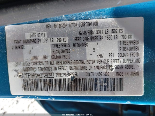 43426920 :رقم المزاد ، JM1DE1HY2B0128083 vin ، 2011 Mazda Mazda2 Touring مزاد بيع