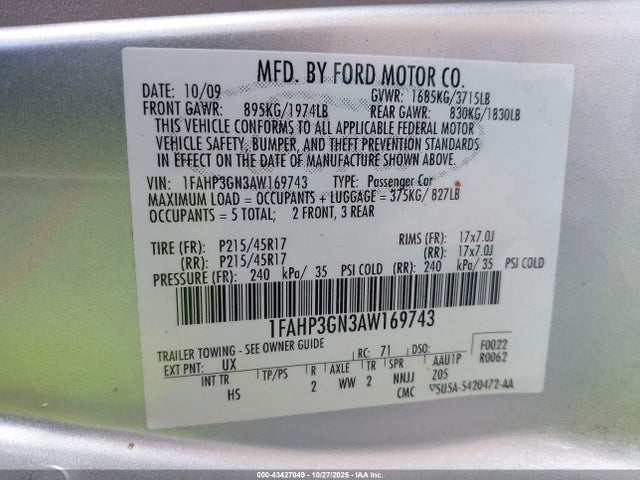 Продажа на аукционе авто 2010 Ford Focus Ses, vin: 1FAHP3GN3AW169743, номер лота: 43427049