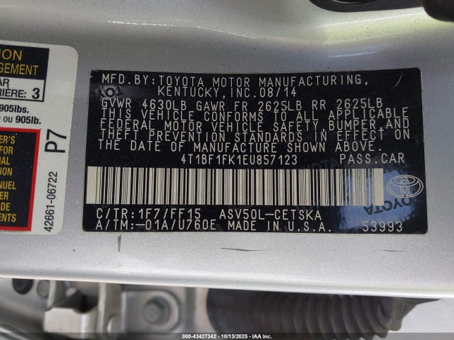 2014 Toyota Camry Se მანქანა იყიდება აუქციონზე, vin: 4T1BF1FK1EU857123, აუქციონის ნომერი: 43427342