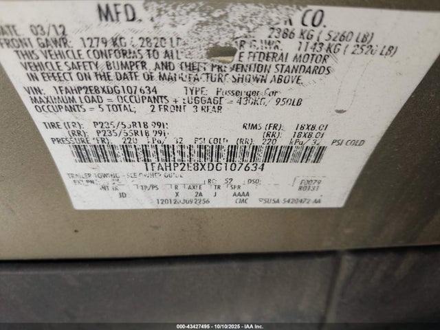 Продажа на аукционе авто 2013 Ford Taurus Sel, vin: 1FAHP2E8XDG107634, номер лота: 43427495