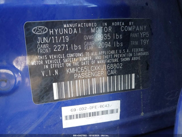KMHC65LCXKU168802 Hyundai Ioniq Hybrid Blue