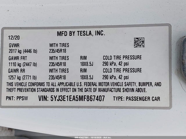 2021 TESLA MODEL 3 5YJ3E1EA5MF867407 Photo 8