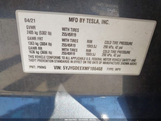 2021 TESLA MODEL Y 5YJYGDEEXMF186468 Photo 8