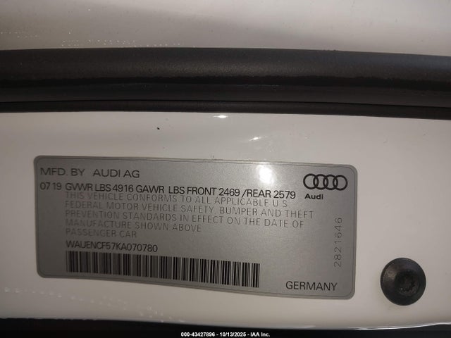 Продаж на аукціоні авто 2019 Audi A5 45 Premium, vin: WAUENCF57KA070780, номер лоту: 43427896