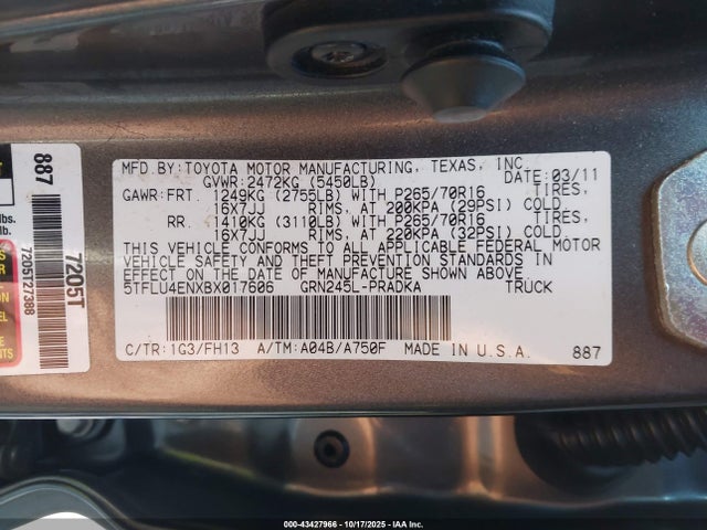 Продаж на аукціоні авто 2011 Toyota Tacoma Base V6, vin: 5TFLU4ENXBX017606, номер лоту: 43427966