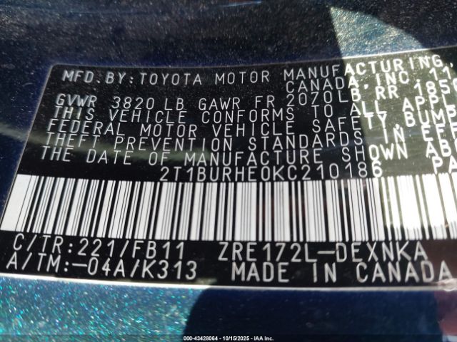 2019 TOYOTA COROLLA 2T1BURHE0KC210186 Photo 8