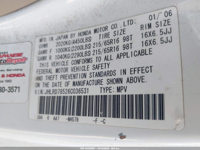 43428097 :رقم المزاد ، JHLRD78526C036531 vin ، 2006 Honda Cr-v Lx مزاد بيع