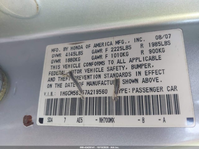 43428141 :رقم المزاد ، 1HGCM56357A219560 vin ، 2007 Honda Accord 2.4 Se مزاد بيع