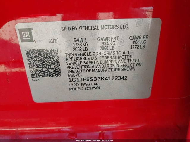 1G1JF5SB7K4122342 Chevrolet Sonic Premier Auto