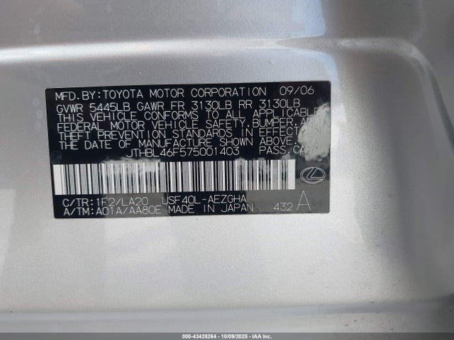 Aukcja sprzedaży 2007 Lexus Ls 460, vin: JTHBL46F575001403, numer aukcji: 43428264