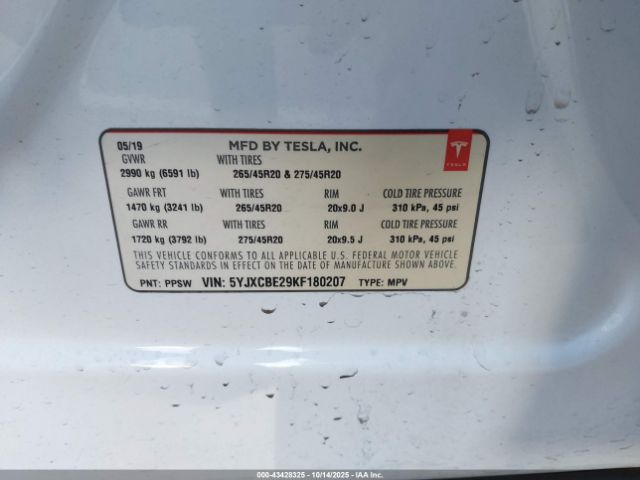 2019 TESLA MODEL X 5YJXCBE29KF180207 Photo 8