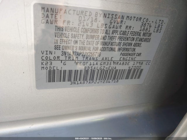 Nissan SENTRA SL 2018 3N1AB7AP2JY256718 Image 9