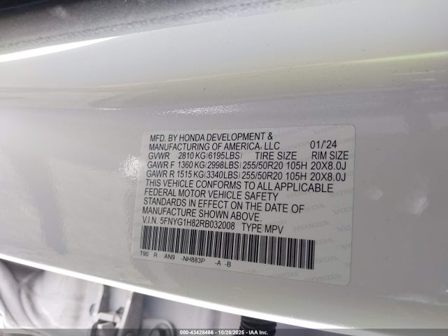 Продажа на аукционе авто 2024 Honda Pilot Elite, vin: 5FNYG1H82RB032008, номер лота: 43428466