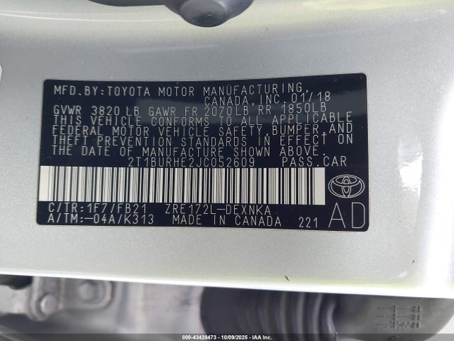 Toyota 2zr-fe 2018 2T1BURHE2JC052609 Image 9