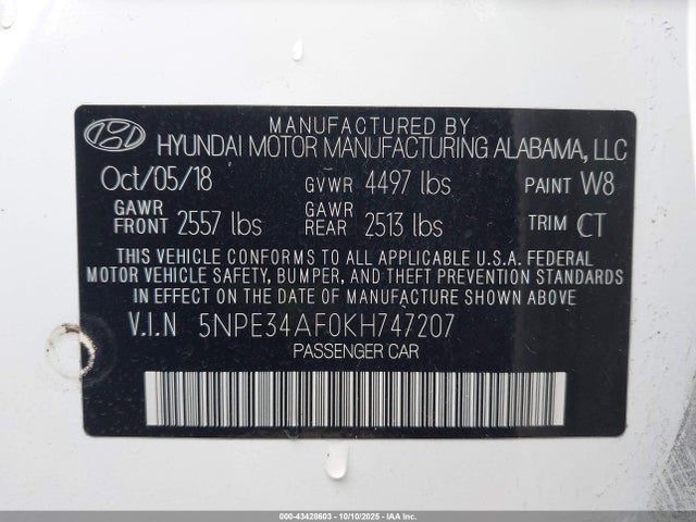 5NPE34AF0KH747207 Hyundai SONATA SEL