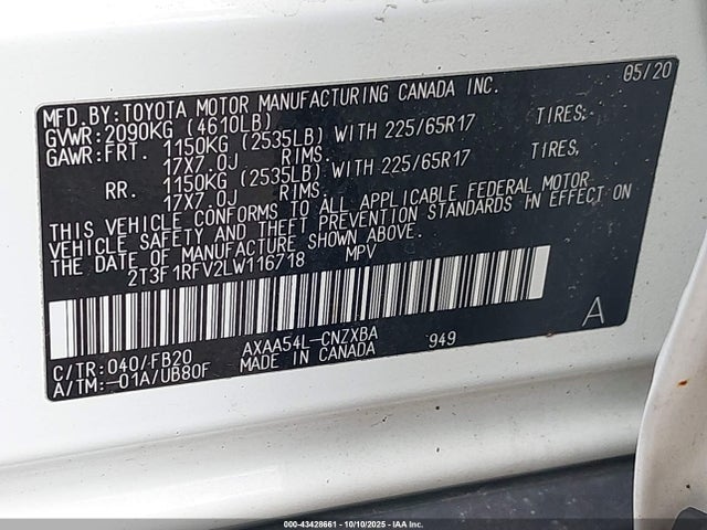 Aukcja sprzedaży 2020 Toyota Rav4 Le, vin: 2T3F1RFV2LW116718, numer aukcji: 43428661