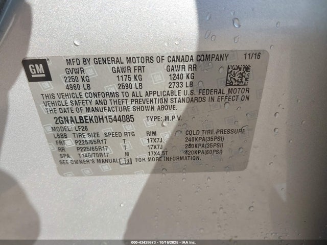Aukcja sprzedaży 2017 Chevrolet Equinox Ls, vin: 2GNALBEK0H1544085, numer aukcji: 43428673