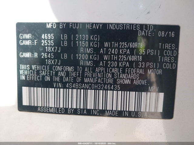 43428711 :رقم المزاد ، 4S4BSANC0H3246435 vin ، 2017 Subaru Outback 2.5i Limited مزاد بيع