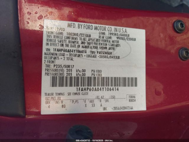 2004 FORD THUNDERBIRD 1FAHP60A84Y106414 Photo 8