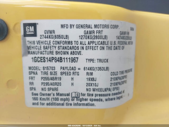 2004 Chevrolet Ssr მანქანა იყიდება აუქციონზე, vin: 1GCES14P84B111967, აუქციონის ნომერი: 43429206