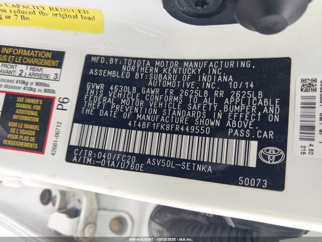 Toyota CAMRY LE 2015 4T4BF1FK8FR449550 Image 9