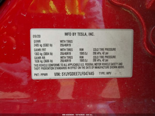 2020 TESLA MODEL Y 5YJYGDEE7LF047445 Photo 8