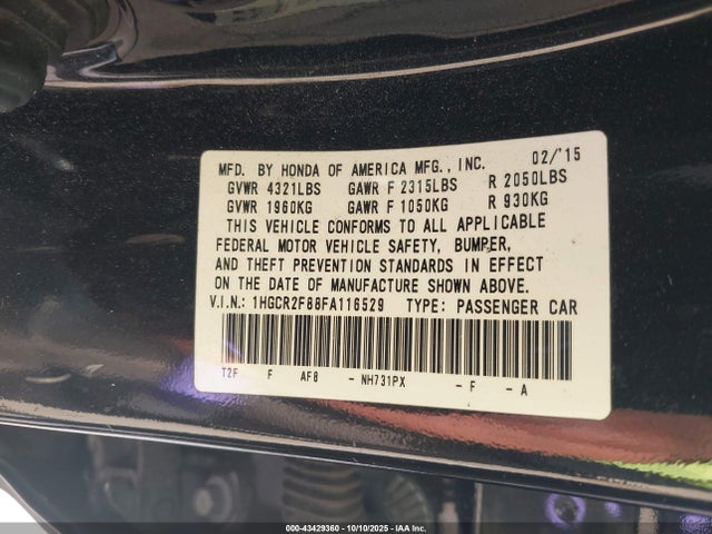 Honda k24w1 2015 1HGCR2F88FA116529 Image 9