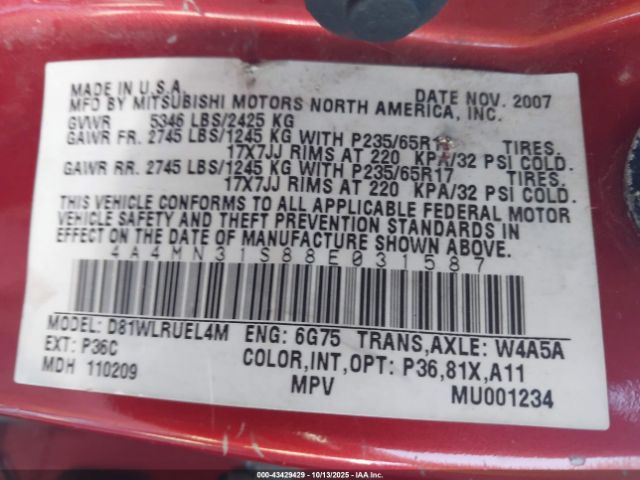 2008 MITSUBISHI ENDEAVOR 4A4MN31S88E031587 Photo 8