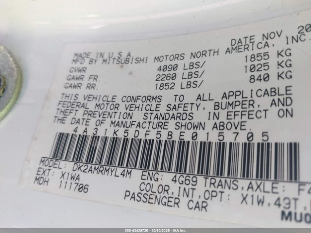 2011 MITSUBISHI ECLIPSE 4A31K5DF5BE015705 Photo 8