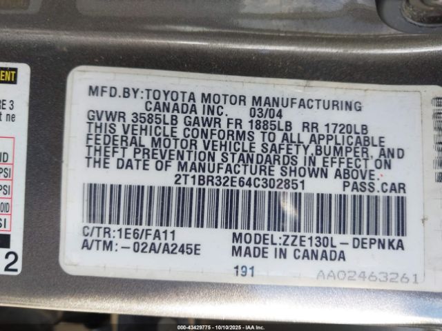 2004 TOYOTA COROLLA 2T1BR32E64C302851 Photo 8