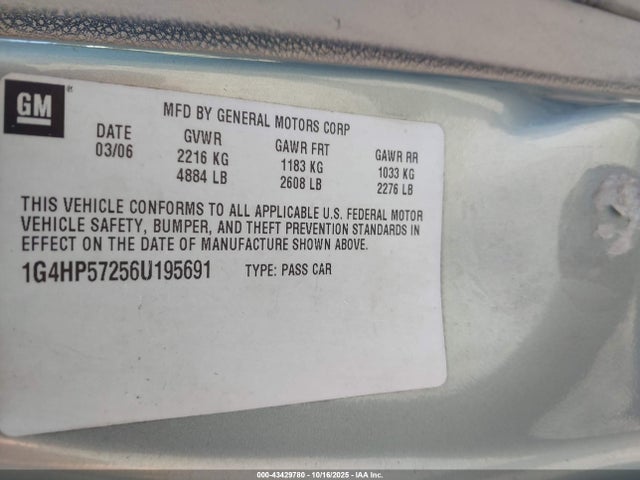 43429780 :رقم المزاد ، 1G4HP57256U195691 vin ، 2006 Buick Lucerne Cx مزاد بيع