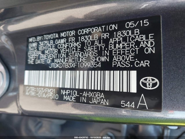 JTDKDTB3XF1099354 Toyota 1nz-fxe+1lm