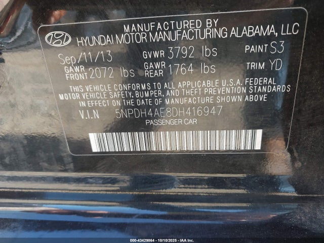 Aukcja sprzedaży 2013 Hyundai Elantra Gls, vin: 5NPDH4AE8DH416947, numer aukcji: 43429864
