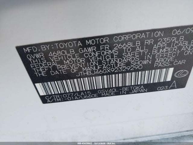 43429902 :رقم المزاد ، JTHBJ46GX92329290 vin ، 2009 Lexus Es 350 مزاد بيع