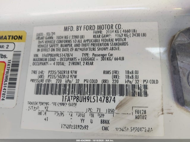 2020 FORD MUSTANG 1FATP8UH9L5147874 Photo 8