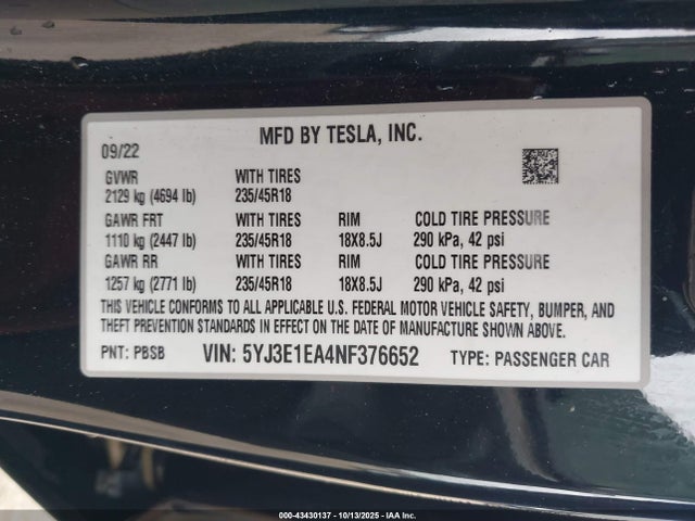 5YJ3E1EA4NF376652 Tesla Model 3 Rear-wheel Drive