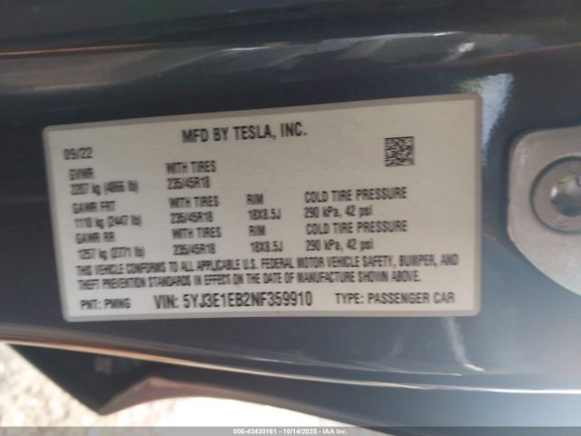 2022 TESLA MODEL 3 5YJ3E1EB2NF359910 Photo 8