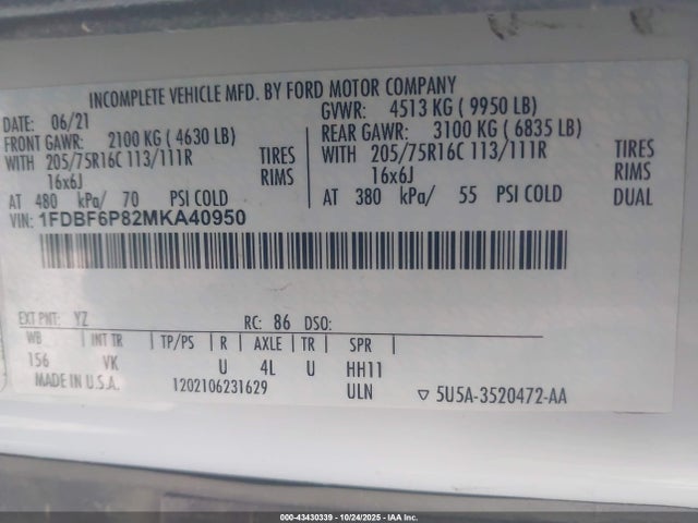 Продажа на аукционе авто 2021 Ford Transit-350 Cutaway, vin: 1FDBF6P82MKA40950, номер лота: 43430339