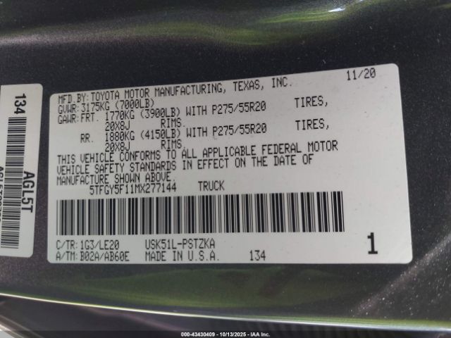 2021 TOYOTA TUNDRA 5TFGY5F11MX277144 Photo 8