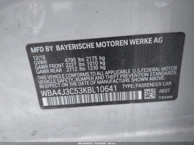 Продаж на аукціоні авто 2019 Bmw 430i Gran Coupe Xdrive, vin: WBA4J3C53KBL10641, номер лоту: 43430733