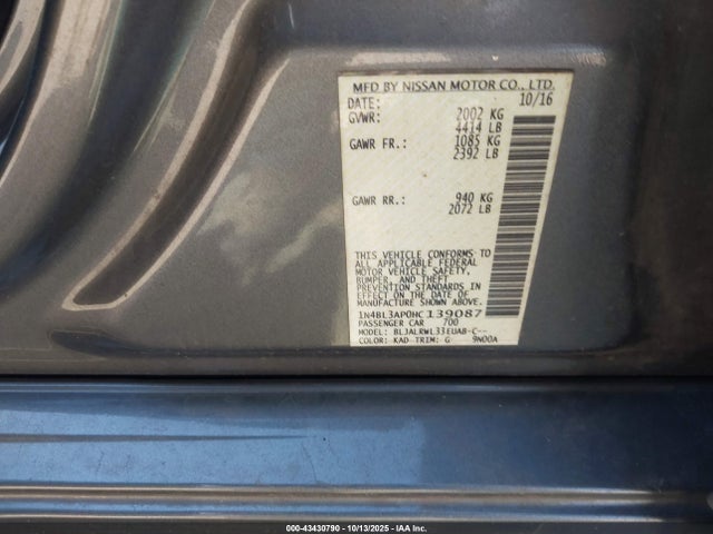 Aukcja sprzedaży 2017 Nissan Altima 3.5 Sl/3.5 Sr, vin: 1N4BL3AP0HC139087, numer aukcji: 43430790