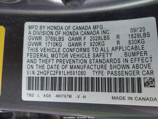 2HGFC2F81LH591080 Honda Civic Sport