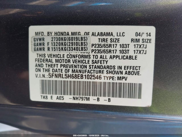 2014 Honda Odyssey Ex-l მანქანა იყიდება აუქციონზე, vin: 5FNRL5H68EB102546, აუქციონის ნომერი: 43430959