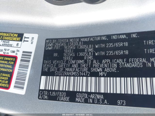 2021 TOYOTA HIGHLANDER 5TDZZRAH0MS514472 Photo 8