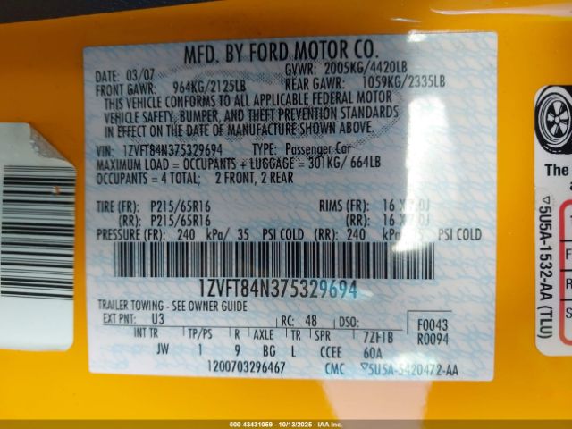 2007 FORD MUSTANG 1ZVFT84N375329694 Photo 8