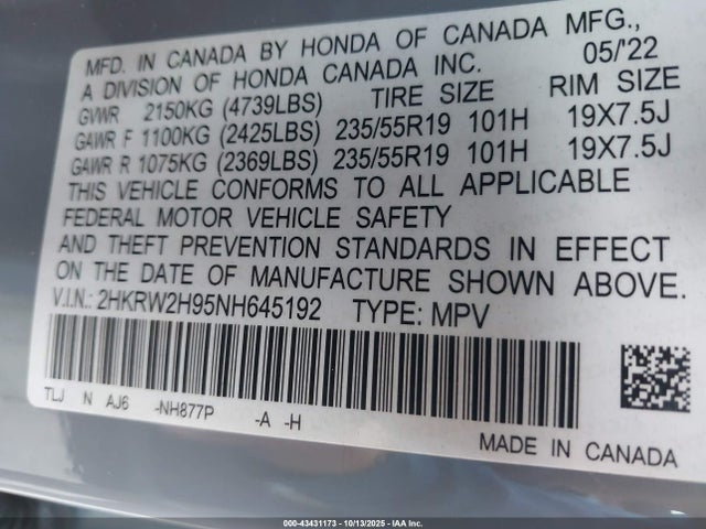 2HKRW2H95NH645192 Honda l15be
